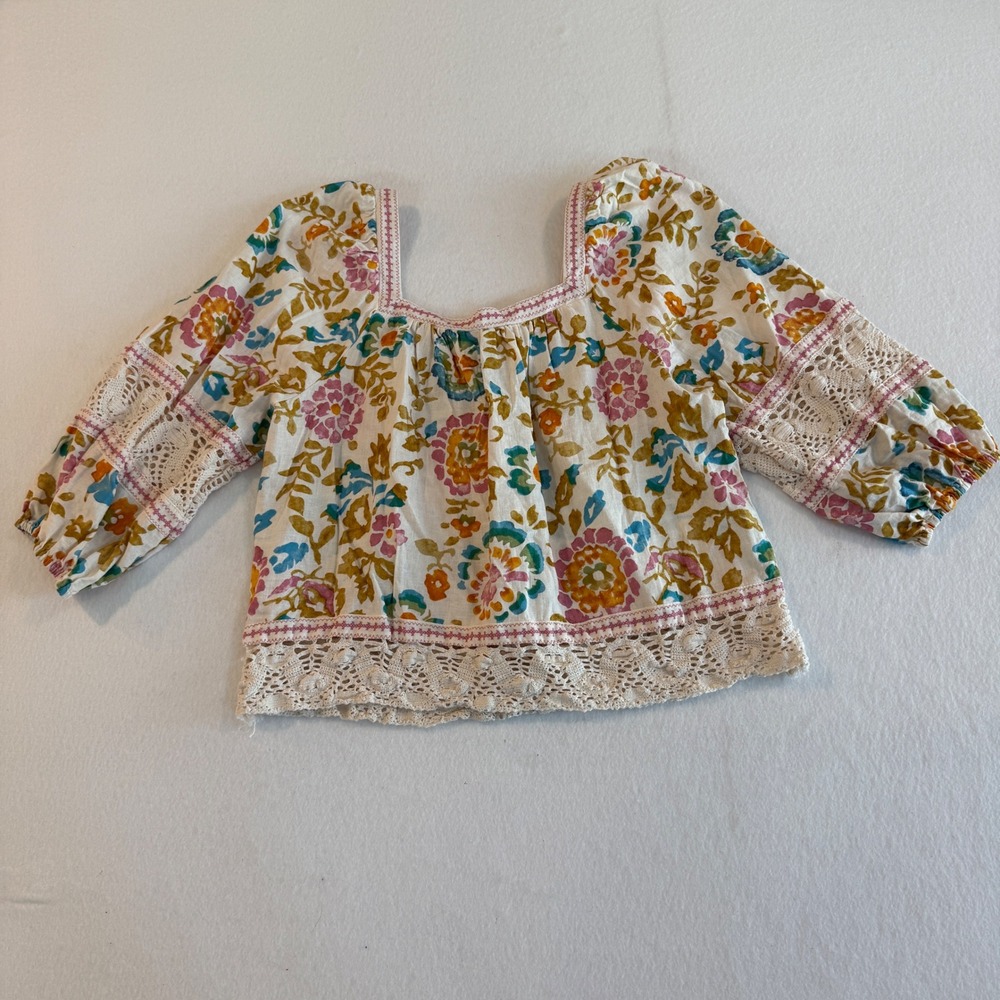 Christian Siriano Blouse Women Large Multicolor Floral Square Neck Crochet Trim - Picture 7 of 7
